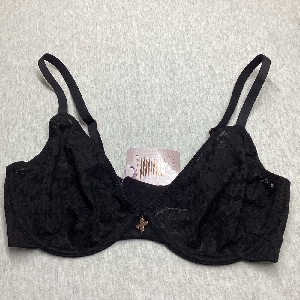 SAVAGE X FENTY FLOCKED LOGO UNLINED SHEER LACE WOMEN’S UNDERWIRE BRA COLOR:BLACK